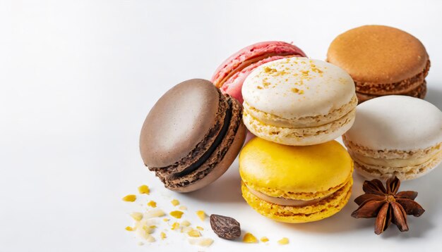 Des macarons savoureux sur fond blanc avec un espace de copie