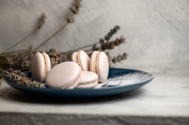 Macarons et silhouette de fourchettes à sucre en poudre sur une assiette