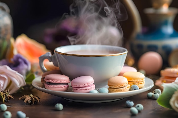 Macarons avec tasse de thé ai généré