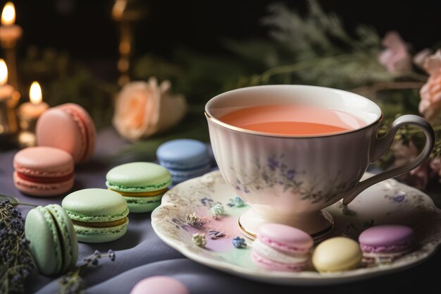 Macarons avec une tasse de thé Ai généré