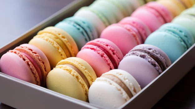 Des macaroons colorés dans une boîte sur une table en bois