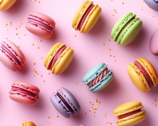 Macaroons colorés sur fond rose Vue supérieure à plat