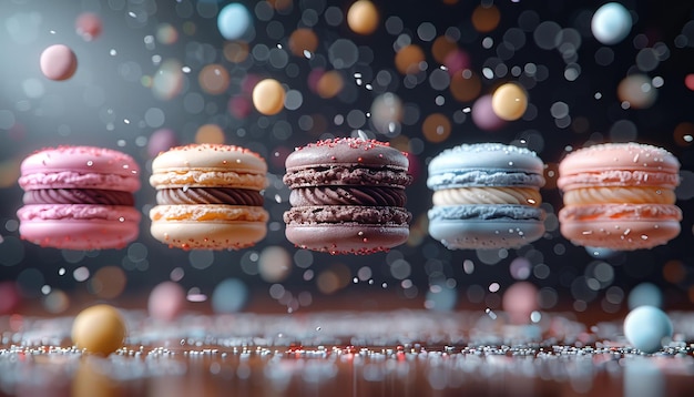 Photo des macaroons de couleur jaune pastel bleu noir brun crème et gris flottant dans l'air