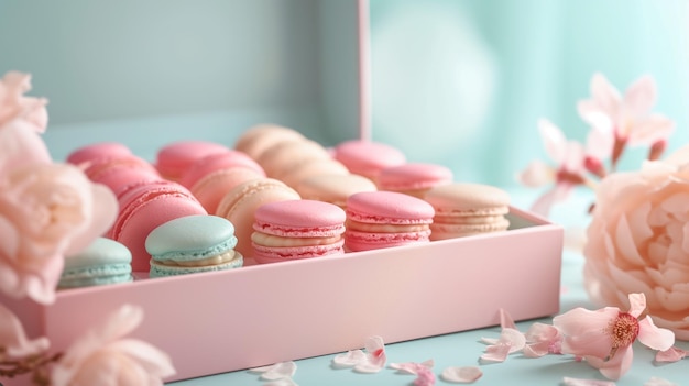 Des macaroons délicieux dans une boîte cadeau sur une table en gros plan