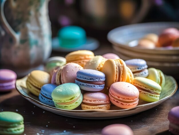 Macaroons français sucrés et colorés sur fond rétro-vintage Ai généré