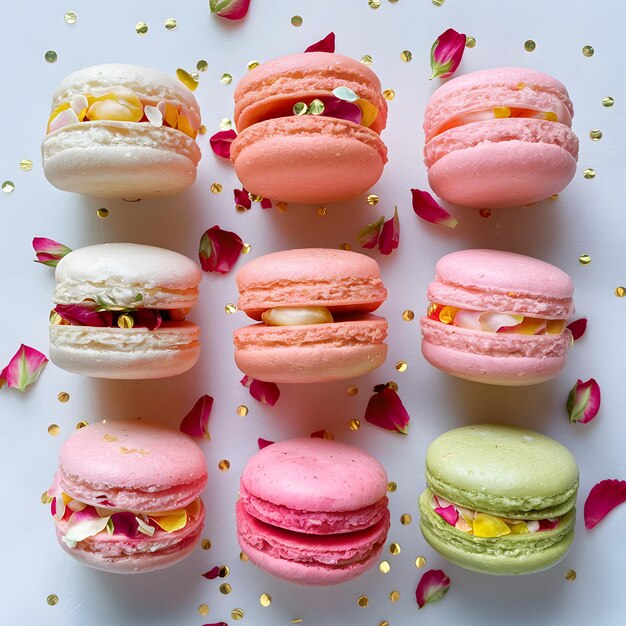 Macaroons ornés de pétales de roses et de confettis élégants sur blanc Pour les médias sociaux