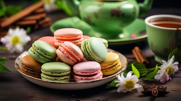 des macaroons et une tasse de thé sucré