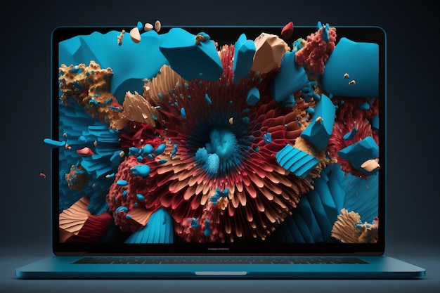 MacBook bleu affichant une conception numérique colorée pour la conception Web IA générative