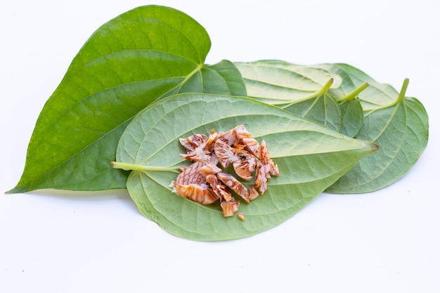 Mâcher de la noix de bétel Noix d'arec sur les feuilles de bétel