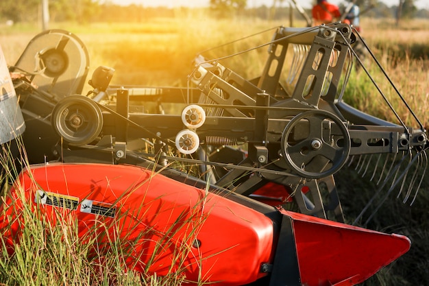 Photo machine d'agriculture de moissonneuse et récolte dans le travail du champ de riz