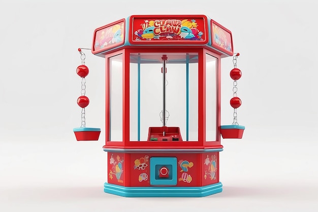 Une machine d'arcade à griffes de jouet rouge sur un fond blanc Rendering 3D