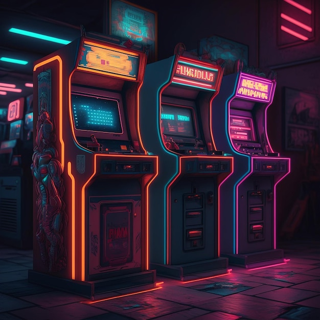 Machine d'arcade vintage effet néon salle de jeux vidéo AI Image générée