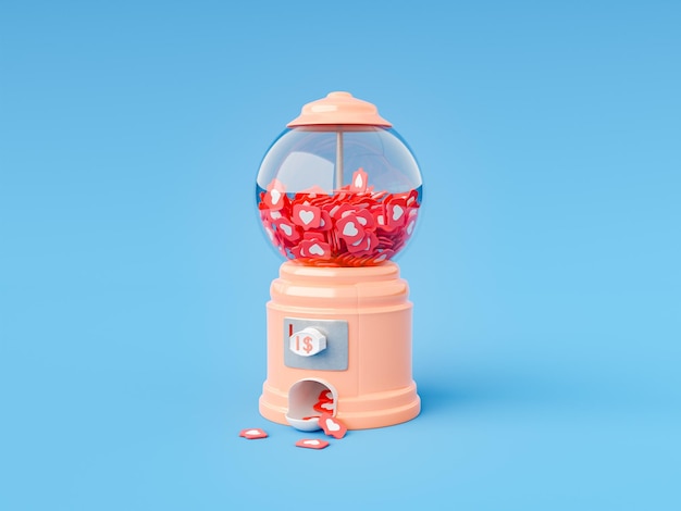 Machine à bonbons pleine de symboles de coeur pour acheter des likes sur les réseaux sociaux pour 1 dollar sur fond bleu rendu 3d