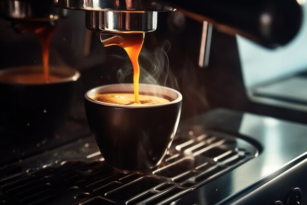 La machine à café dans la cuisine fait une tasse bouillante de boisson aromatique remplissant la pièce d'un arôme délicieux