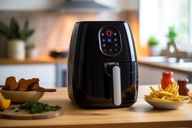 Machine à café électrique moderne et frites dans la cuisine à la maison