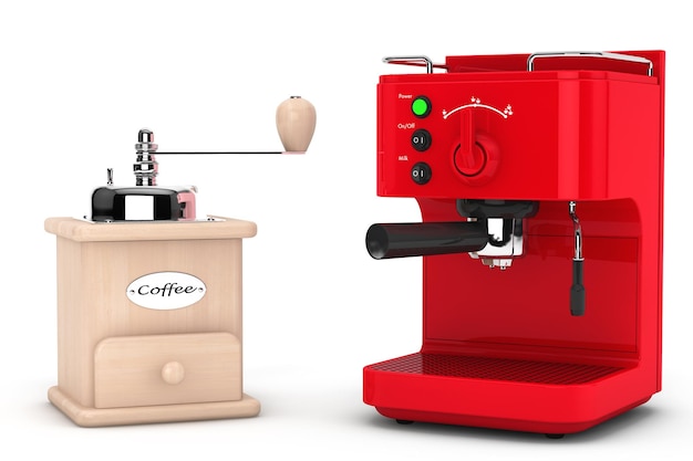 Machine à café expresso avec moulin à café en bois sur fond blanc. rendu 3D