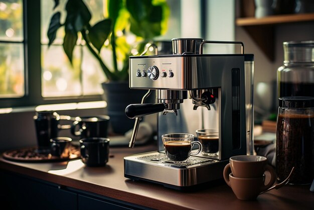 Photo machine à café moderne et tasse à café sur table dans la cuisine