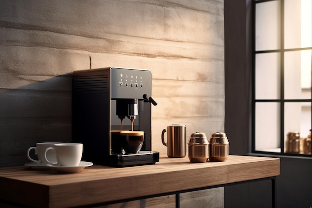 Photo machine à café moderne et tasse à café sur table dans la cuisine