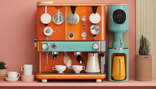 Photo une machine à café orange coloré avec une bouilloire à thé dessus