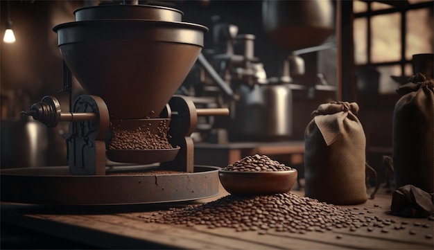 Une machine à café avec un sac de grains de café sur la table.