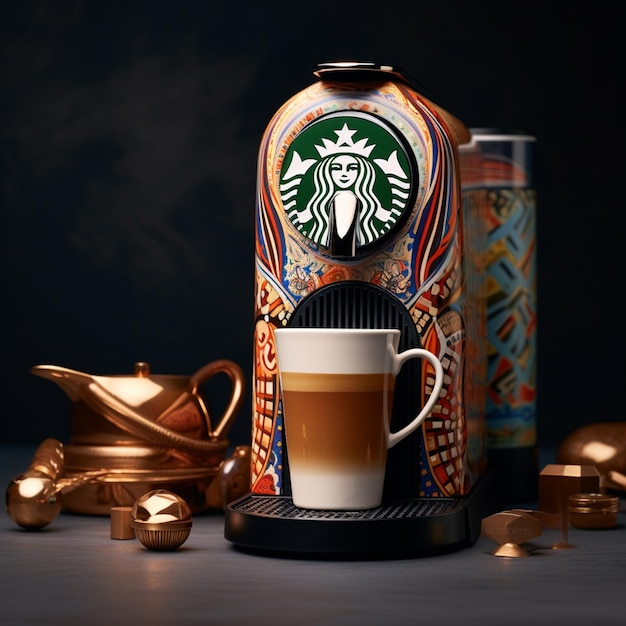 la machine à café starbucks avec une tasse de café à côté d'elle