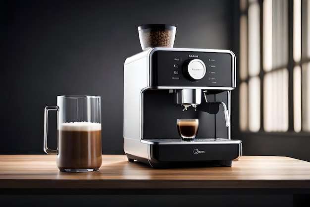 Une machine à café avec un verre de café sur le dessus.