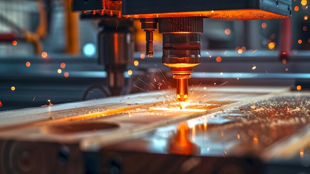 Machine CNC de précision industrielle coupant le métal avec des étincelles Processus de fabrication moderne Equipement d'usine de haute technologie au travail AI