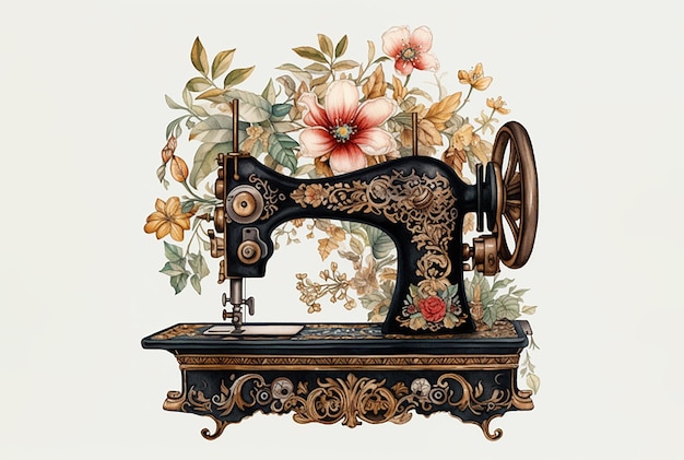 Machine à coudre antique avec des motifs sur fond blanc