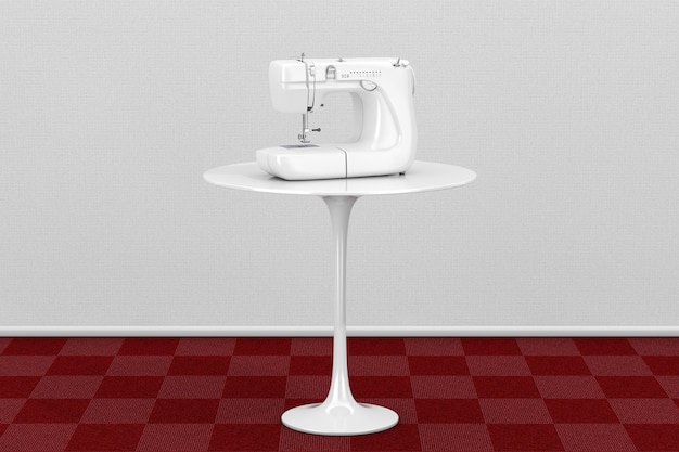 Machine à coudre blanche moderne sur table ronde blanche dans la chambre avec tapis rouge et mur blanc gros plan extrême. Rendu 3D