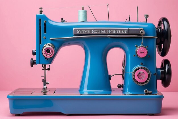 Une machine à coudre bleue avec un fond rose