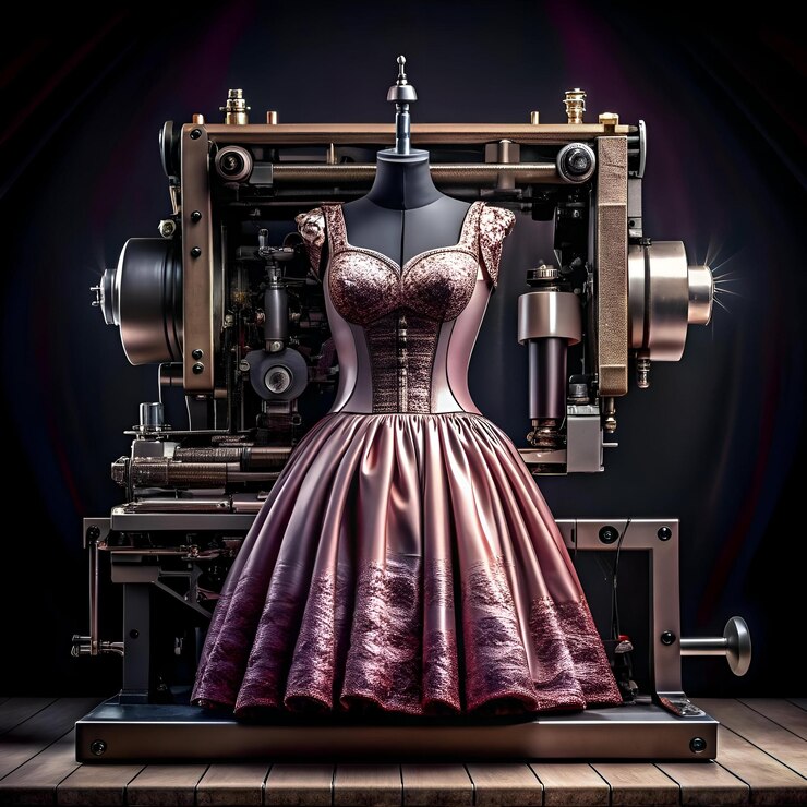 Photo une machine à coudre vintage transformée en une déclaration de mode présentant une robe époustouflante sur sa plate-forme