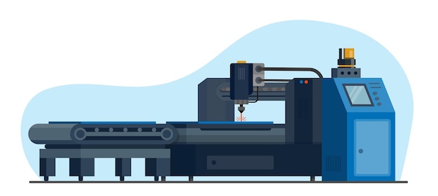 Machine de coupe au laser industrielle de métal coupe au plasma industrie équipement d'usine usines sidérurgiques équipement de traitement de pièces de travail illustration plate de dessin animé concept de métallurgie vectorielle