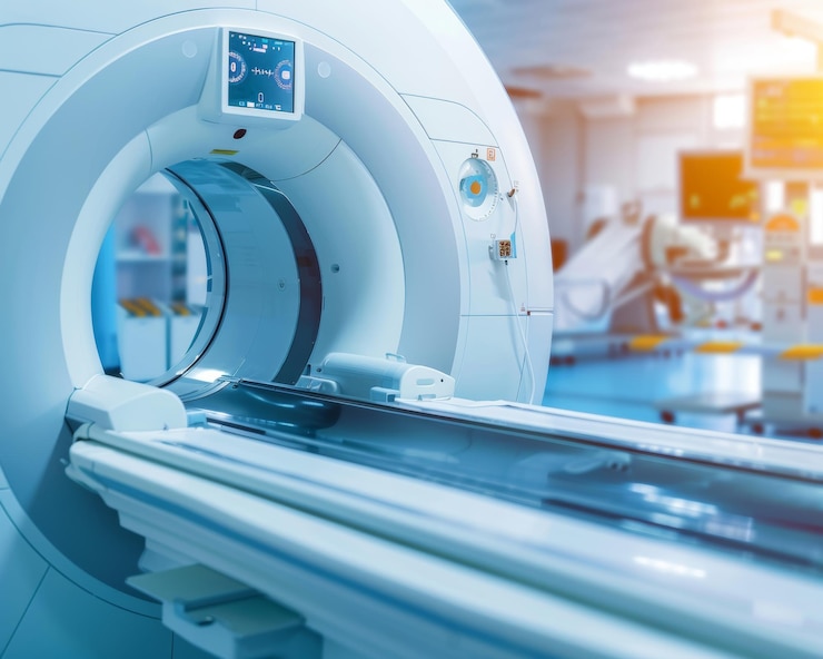 Photo machine d'irm ou de ct avancée dans le laboratoire de l'hôpital équipement médical moderne avec espace de copie