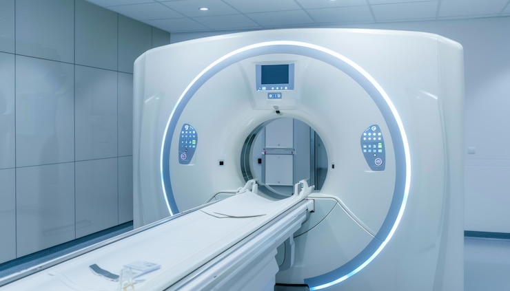 Photo machine d'irm ou de tomographie dans un laboratoire d'hôpital équipement de diagnostic médical à fond blanc