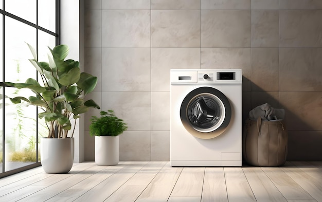 Une machine à laver blanche dans une salle blanche avec des plantes en pot.