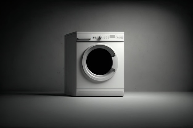 Une machine à laver blanche avec une fenêtre ronde au milieu.