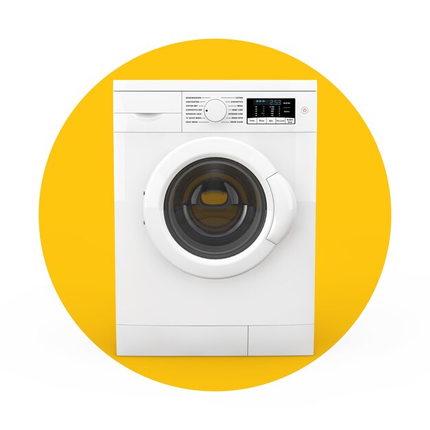 Machine à laver blanche moderne sur un fond blanc et jaune. Rendu 3D