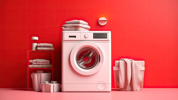 une machine à laver avec buanderie près d'un mur de couleur dans un style minimaliste