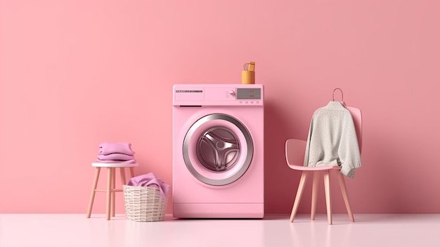 une machine à laver avec buanderie près d'un mur de couleur dans un style minimaliste