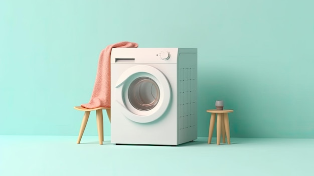 une machine à laver avec buanderie près d'un mur de couleur dans un style minimaliste