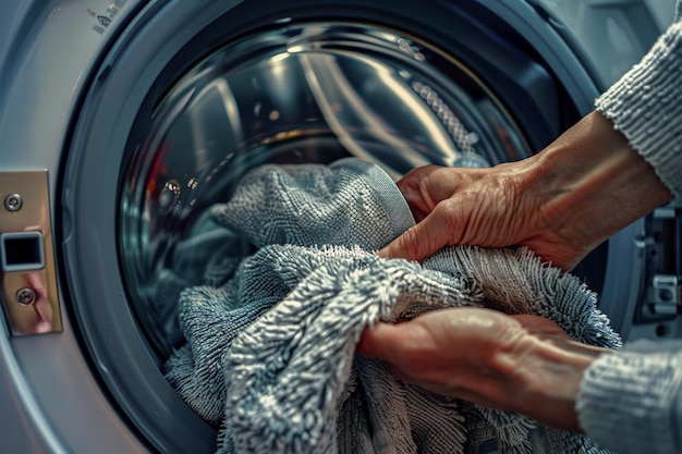 Machine à laver dans la buanderie avec un panier plein de vêtements