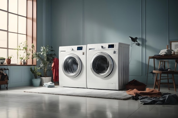 machine à laver dans une pièce propre avec hud et vêtements volants conception comme bannière large avec espace de copie