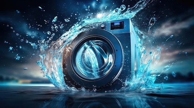 Photo une machine à laver avec des éclaboussures d'eau dans le style du panorama flou de mouvement argent foncé