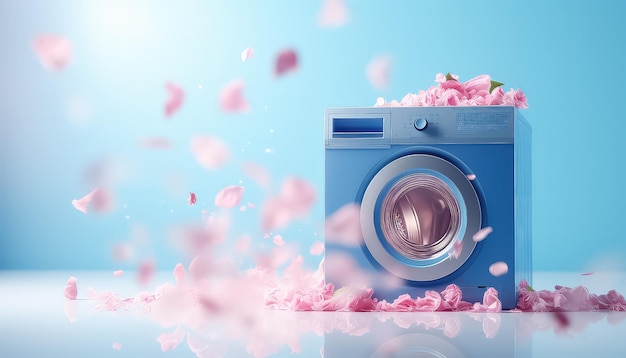 Machine à laver sur fond bleu avec concept de printemps de pétales de rose