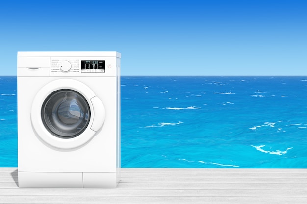 Machine à laver moderne en face de l'océan gros plan extrême. Rendu 3D