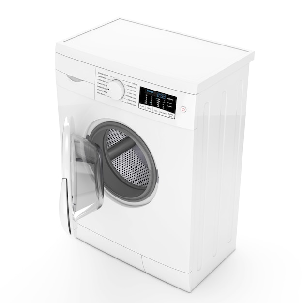 Machine à laver moderne sur fond blanc. Rendu 3D
