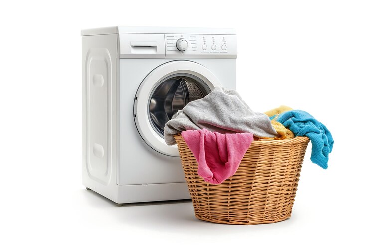 Photo une machine à laver moderne et un panier avec un tas de vêtements