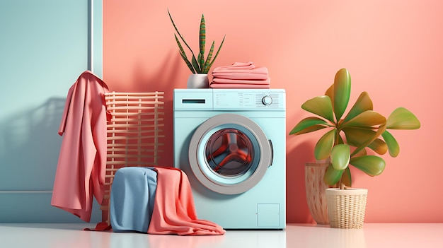 machine à laver rose et quelques serviettes avec plante en pot Ai générative