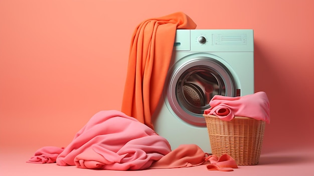 machine à laver rose et quelques serviettes avec plante en pot Ai générative