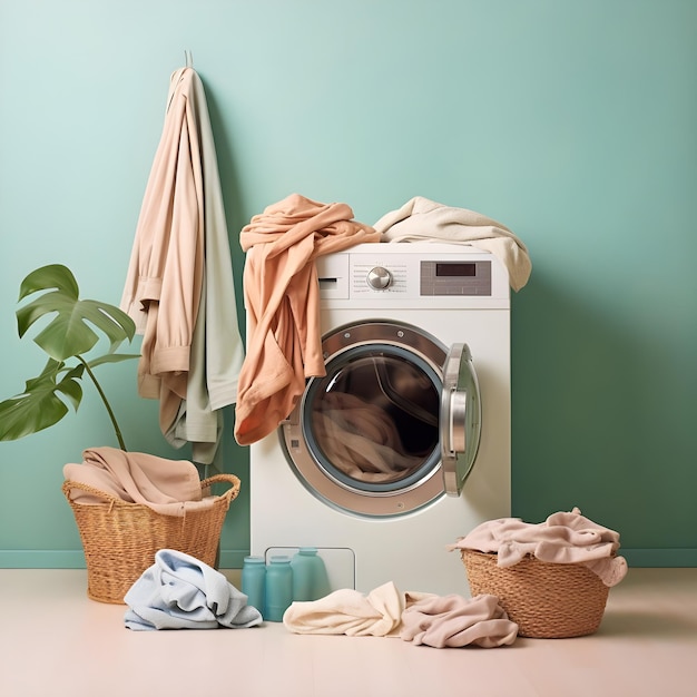 Photo la machine à laver avec un tas de vêtements dans la buanderie ia générative